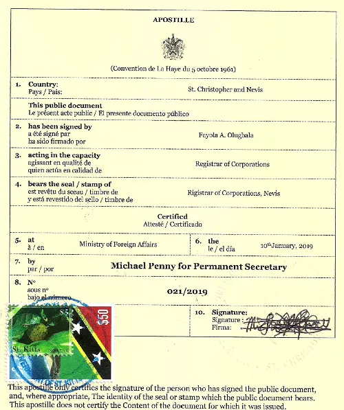 St. Kitts ve Nevis'ten Apostil