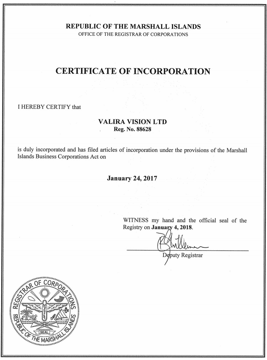 Marshall Adaları Ticaret Sicilinden Certificate of Incorporation