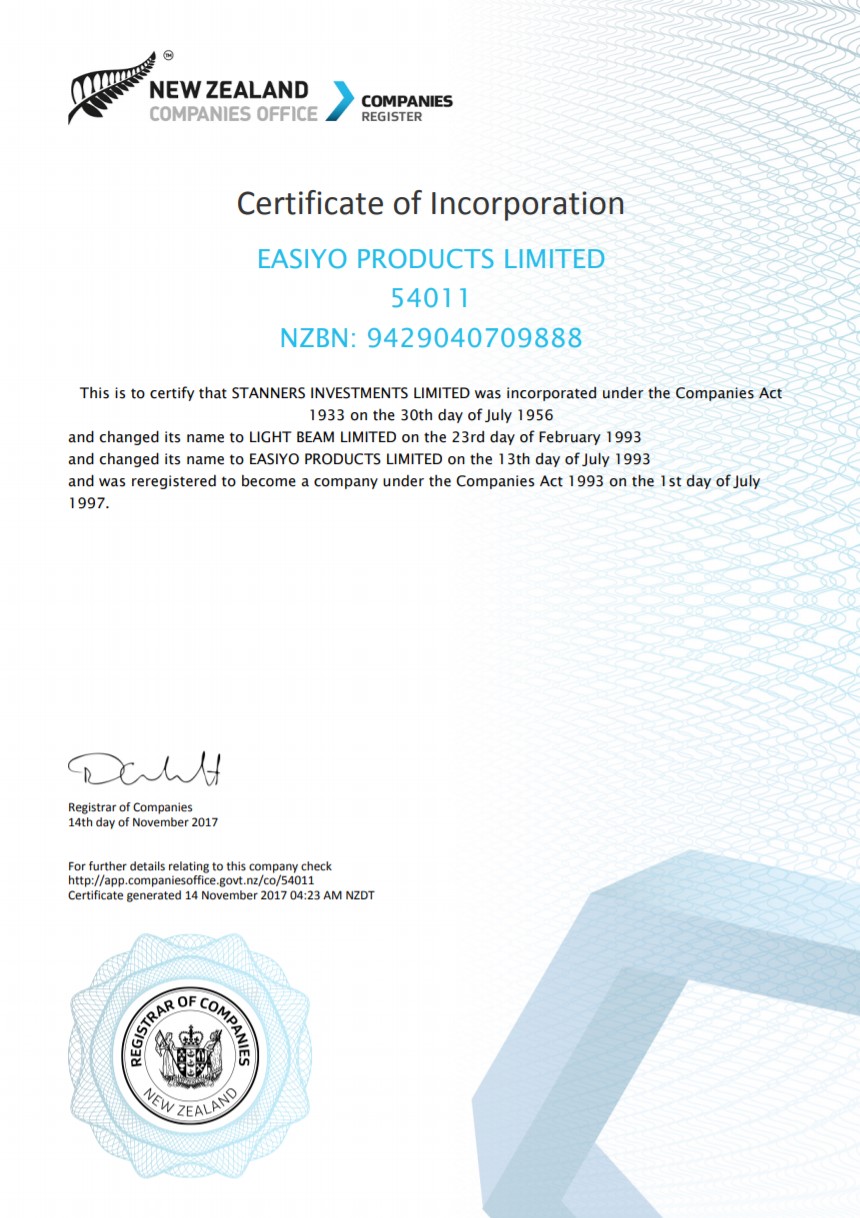 Yeni Zelanda Ticaret Sicili'nden Certificate of Incorporation