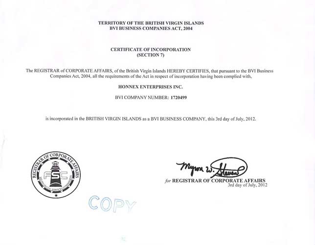 Britanya Virjin Adaları Ticaret Sicilinden Certificate of Incorporation